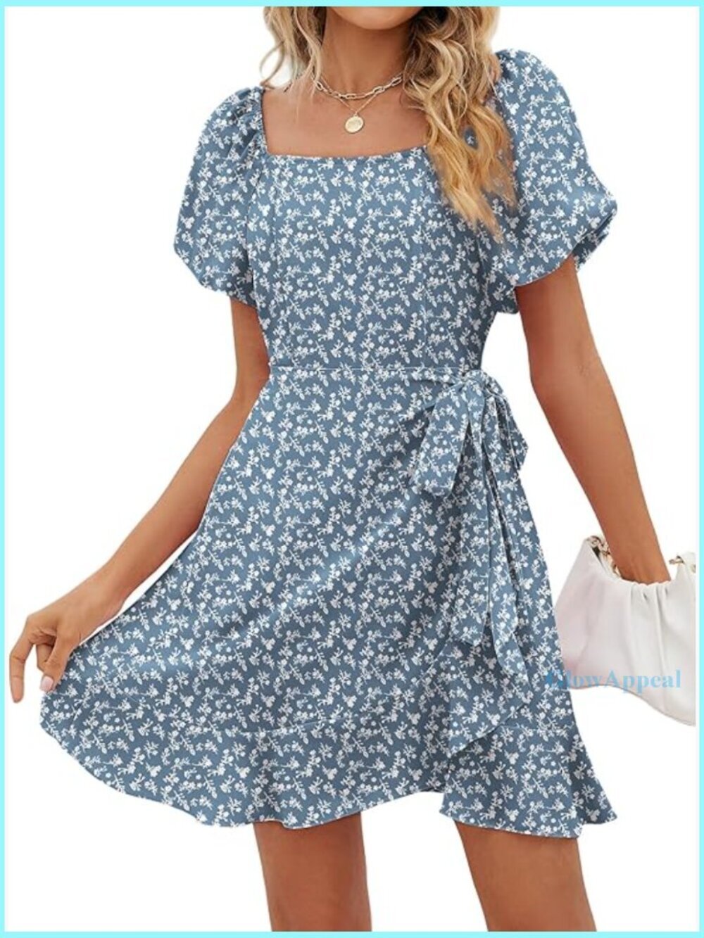 Square Neck Puff Sleeve Tie Waist Short Summer Dress Lightweight Chiffon